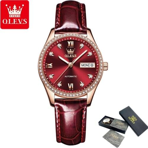 OLEVS 2021 Luxury Simple Ladies Watch Automatic Mechanical Watch Breathable Leather Bracelet Waterproof Date Ladies Watch 6637