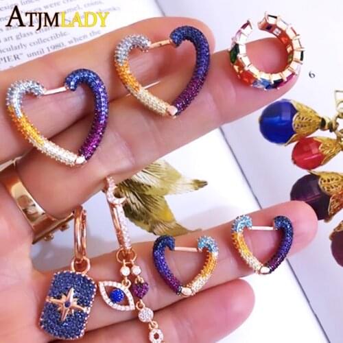 New rose gold full bling cz heart hoop earring micro pave colorful rainbow cz stacking stack earrings fashion women jewelry