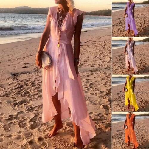 Bohemian Women Dress V Neck Solid Color Short Sleeve Irregular Hem Long Dress Summer Sexy Beach Dresses Plus Size Sundress 2021