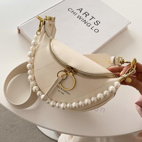 Women Chest Bags Casual Leather Satchel Female Luxury Shoulder Bag With Pearl Chain Wide Strap Crossbody Bags For Women Totes