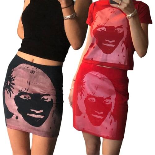 Y2K Women Bodycon Mini Skirt Casual High Waist Portrait Print Slim Fit Short Skirt for Daily Wear Beach Dating Evening
