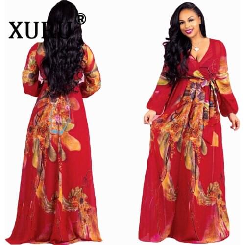 XURU 2020 Women Chiffon Printed Dress Full Sleeve V-Neck Belted Loose Dresses Casual Beach Long Dress Soft Maxi Robe S-5XL