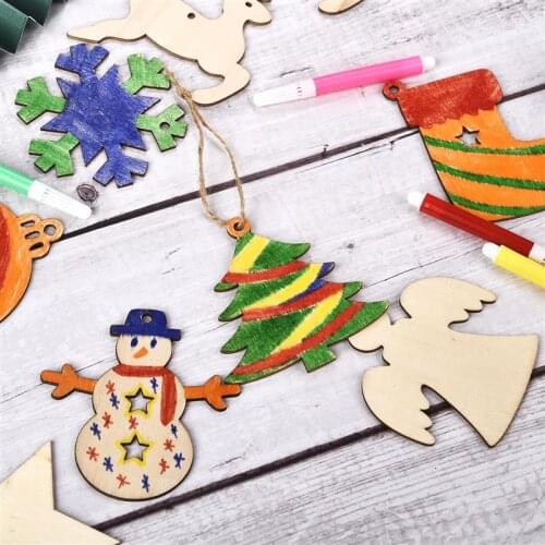 10pcs Wooden Christmas Tree Shape Cutouts Crafts Natural Wood Hanging Ornaments with Twines for Christmas DIY Craft Making