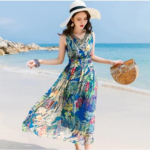 100% Silk Summer Dress 2021 Boho Long Dresses for Women Floral Elegant Dress Female Sleeveless Fashion Vestido De Mujer Pph4992