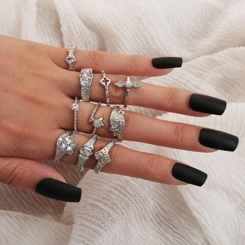 11 Pcs/set Gold Ring Set Vintage Leaf Star Moon Geometric Crystal Ring Set Women Charm Joint Ring 2020 Fashion Jewelry