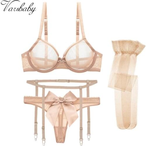 Varsbaby Sexy Bow Ultra-Thin Yarn Underwear Breathable Plus Size Bra Belt Thong Stocking For Women