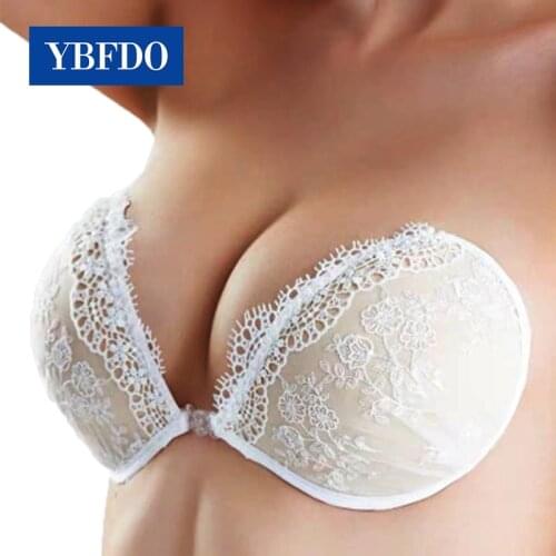 YBFDO White Lace Embroidery Bra Sexy Women Invisible Self-Adhesive Silicone Bust Front Closure sticky bra Backless Strapless
