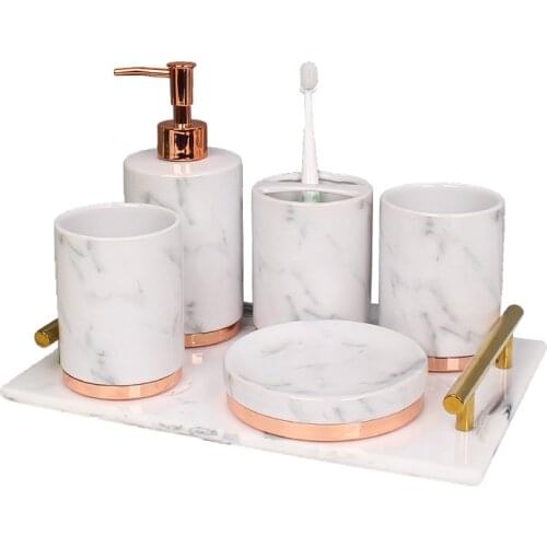 Black Marble Texture Ceramic Bathroom Supplies / Bathroom Accessories with Dispenser Toothbrush Holder Soap Dispenser Tray