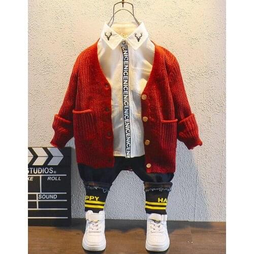 Children Boys winter Kids Clothing Sets Baby Kids Knit cardigan,shirts and jeans 3pcs Toddler Boys Sports Clothes Set 2-7Year