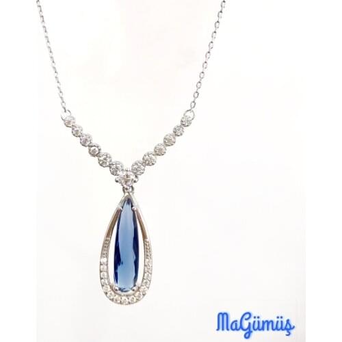 Sapphire Stone Elegant Drop Silver Necklace