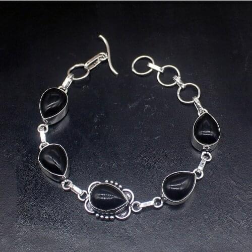 Gemstonefactory Jewelry Big Promotion Single Unique 925 Silver Black Onyx Teardrop Lady Women Charm Bracelet 19cm 20213230