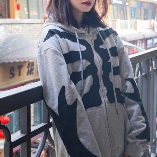 Zip-up Y2K Gothic Punk Hoodie long sleeve Clothes Winter Oversized Sweatshirt skull Hoodies Grey Harajuku jacket Fashion jacket