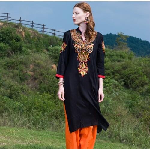 Indian Dress Kurti for Women Cotton Embroidered Long Blouse Black Indiana Dress for Women Kurtis India Kurta Pakistani Dress