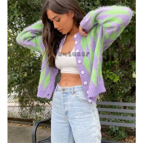 Korean Fashion Vintage Green Purple Plaid Knitted Cardigan Sweater Women Winter Oversized Sweater Female Fashion Outerwear 2021