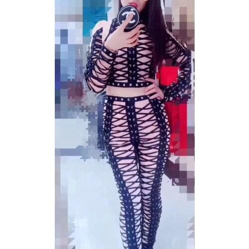 Celebrity High Quality Black Nude Mantual Weaving 2 Pieces Bandage Set Night Club Party Set