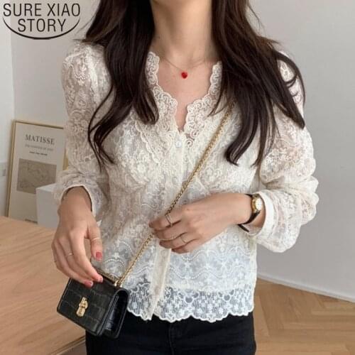 Korean Chic Thin Lace Shirt Long Sleeve Tops Women Lace Blouse Blusas Mujer De Moda 2021 Verano Autumn New V-neck Clothes 14683