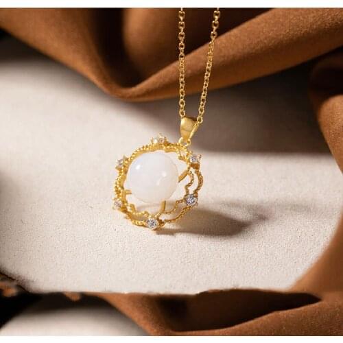 S925 Sterling Silver Gold-plated Inlaid Natural Hetian Jade Pendant Retro Temperament Female Silver Chain Set