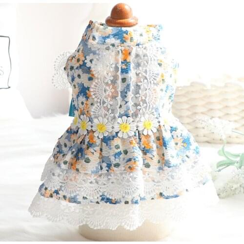 Summer Puppy Dog Princess Dresses Fashion Floral Print Lace Dress Pet Dog Clothes For Small Dog 100%Cotton Clothes Outfit Poodle