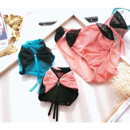 6L Plus Size Summer Japanese Girl Traceless Panties Bow Ribbon Underwear Thin Black Mesh Translucent Female Lingerie Sexy 118