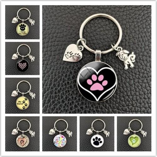 Fashion cute animal paw print keychain cat dog I love glass pendant mini heart keyring car key man girl favorite gift souvenir