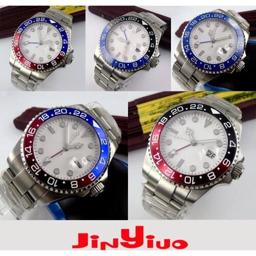 Sapphire Crystal 43MM White Sterile Dial Blue Red Bezel GMT Function Automatic Movement Mens Wrist Watch With Nologo