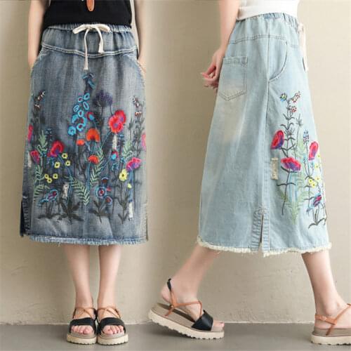 2020 New Large Size Women Fashion Loose Skirts Casual Elastic Waist Jeans Vintage Embroidered Denim Skirt PP003