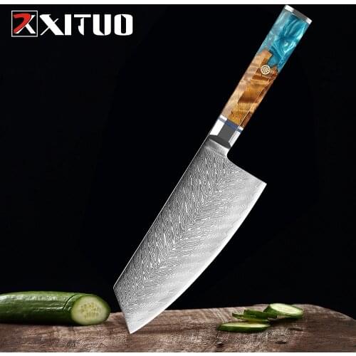 XITUO Damascus Steel Chef Knife 7 Inch Japanese Kitchen Knife Sharp Cleaver Slice Santoku Knives Cooking Tools Stable wood Resin