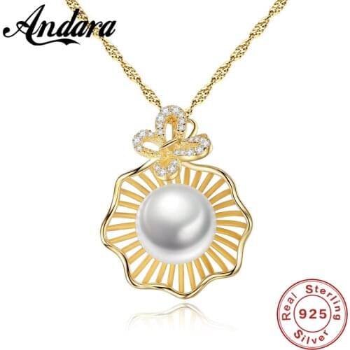 100% 925 Sterling Silver White Pearl Pendant Necklaces 18 Inch Gold Color Necklace Chains Wholesale