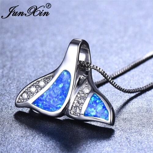 Silver Color Mermaid Tail Pendant Ocean Blue White Fire Opal Necklaces For Women Fishtail Choker Female Wedding Party Jewelry