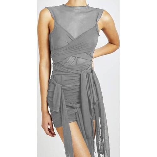 Mesh See Through Bodycon Party Dresses Women Sexy Clubwear Mini Dress Solid Sleeveless Basic Female Outfits