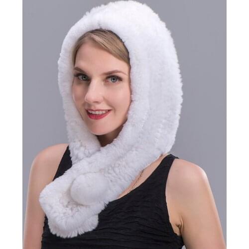 MS.MinShu Real Rex Rabbit Fur Hooded Scarf Knitted Rex Rabbit Fur Fashion Women Scarf Winter Hat Pompom Scarf Cap Female