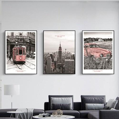 Modern Vintage City Scene Pink Rail Transit Car New York Canvas Paintings Poster Print Wall Art Pictures Living Room Home Décor