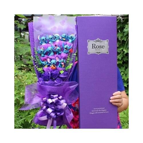 Stitch with Soap Flower Bouquet Stitch Plush Doll Toy Anime Lilo Stitch Pvc Animal Doll Bouquet Romantic Xmas Gift For Girls Kid