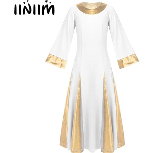Iiniim Girls Dance Dress Contemporary Dance Costumes Kids Teen Metallic Collar Cuffs Robe Dress Celebration Praise Dance Dress