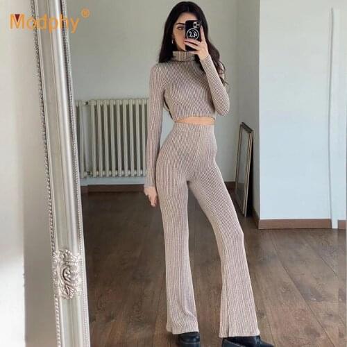 Knitted Women 2 Piece Set Sexy Bodycon Long-Sleeved Halter Bow Sweater Top & High-Waist Wide-Leg Pants Suit 2021 Autumn New