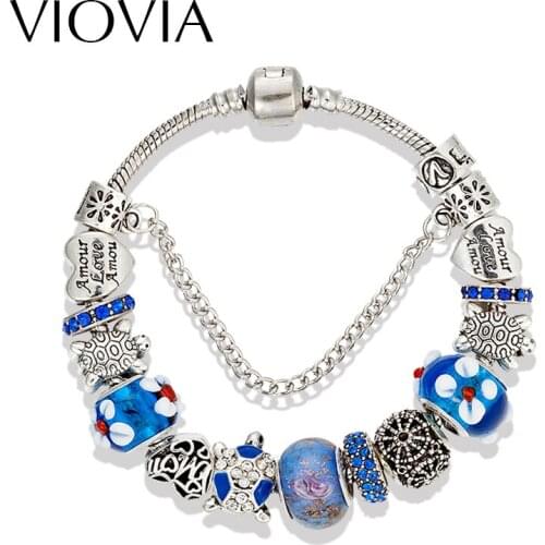 VIOVIA Fashion Antique Silver Color Tortoise Charm Bracelets & Bangles For Women Handmade Dark Blue Crystal Bead Pulsera B16104