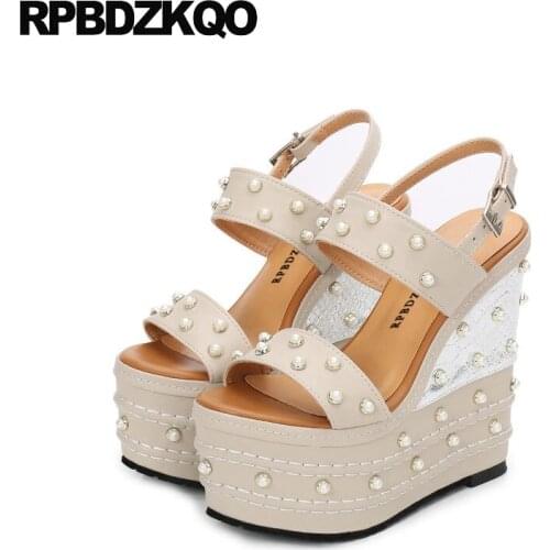 Genuine leather women wedge platform sandals 2019 flatform bling black high heels ankle strap pumps pearl white wedding shoes