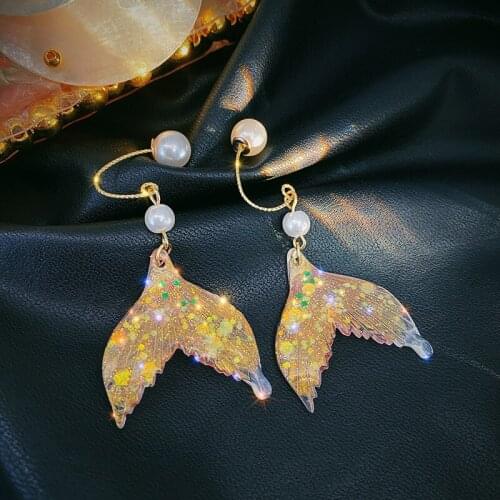 Fairy Tale Rainbow Gradient Mermaid Tail Long Drop Earrings for Women Sweet Gold Color Pearl Statement Earrings Wedding Jewelry