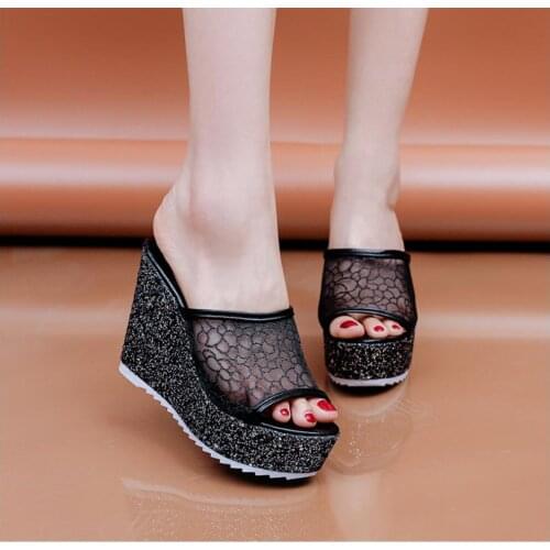Women Sandals Summer Solid Thick Bottom Sandals Women European American mesh Ladies Shoes slip on slippers platform 11cm Sandals
