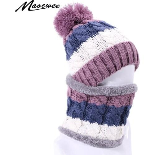 Women Pompon Skullies Beanies Ring Scarf Set Riding Outdoot Windproof Winter Hats With Lining For Female Thick Warm Knitted Caps