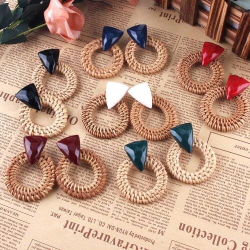 MESTILO 2019 New Korean Vintage Resin Bamboo Rattan Weaving Hollow Hook Circle Colorful Metal Drop Earrings for Woman Jewelry