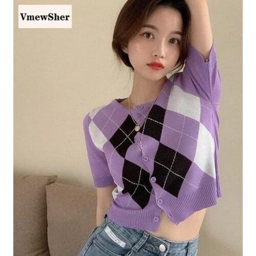VmewSher New Summer Argyle Women Knitted Crop Tops Short Sleeve O Neck Single Breasted Lady Elegant Plaid Slim Sweater Cardigan