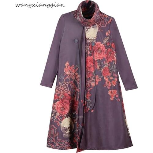 Womens 2019 winter new plus velvet thick large size womens national wind print retro loose high collar bottoming dress A522