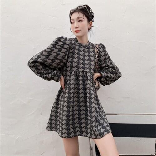 Houndstooth Dress Women Spring New Vintage Round Neck Puff Sleeve Loose Temperament Short Dress 2021 Fashion