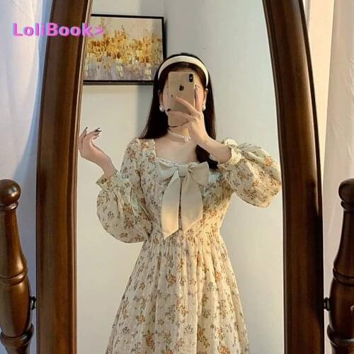 Lolibook 2021 Autumn Vintage Floral Print Maxi Dress Women Long Sleeve Dress Female Bow Hight Waist Square Collar Casual Vestido