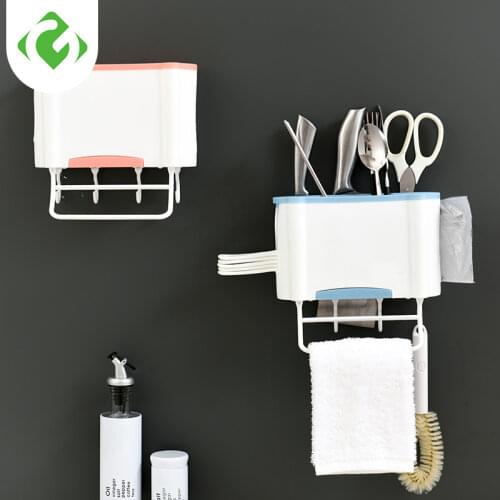 1PC Wall-mounted Fork Knife Spoon Holder Tableware Chopsticks Box Case Punch Free Drain Rack Rag Shelf Kitchen Storage Organizer