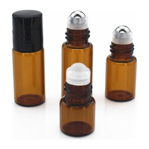 100pcs/lot 1ML 2ML 3ML Portable Essential Oil Bottle Roll on Perfume Bottle Mini Metal Ball Roller Brown Glass Scent Bottles