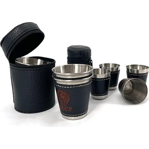 4pcs/lot 70/30ml Outdoor Camping Tableware Travel Cups Set Picnic Supplies Stainless Steel Wine Beer Cup Whiskey Mugs PU Leather