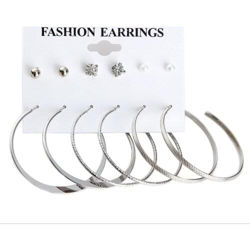 6Pairs/Set Fashion Large Circle Earrings Set Imitation Pearl Rhinestone Crystal Stud Hoop Dangle Earring For Women Charm Jewelry