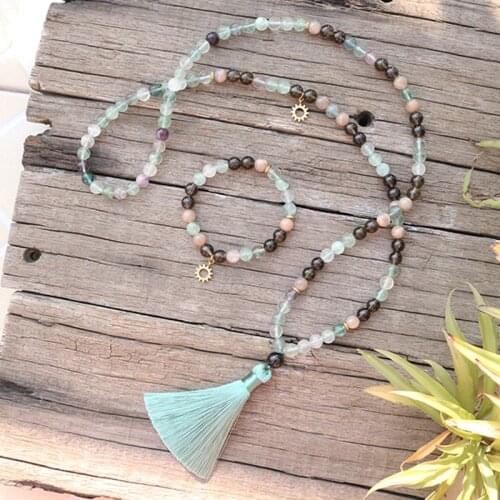 8mm Natural Stone Beads,Sunstone,Fluorite,Smoky Quartz,JapaMala Sets, Spiritual Jewelry,Meditation,Inspirational, 108 Mala Beads
